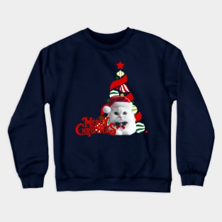 Cute White Cat in Santa Hat with Christmas Tree ,Brafdesign Crewneck Sweatshirt